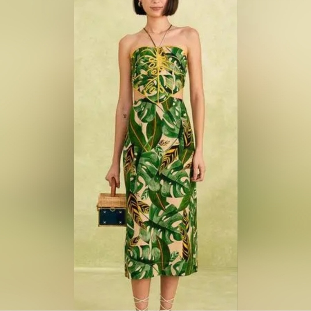 FARM Rio Strapless Green Leaf Dress